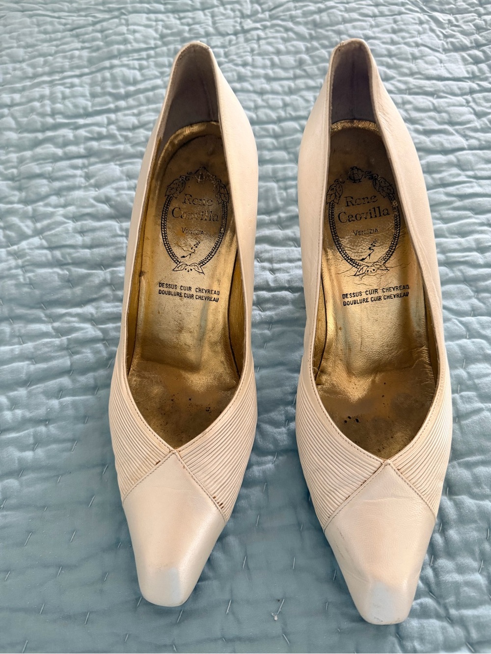 Rene Caovilla Cream Pointed-Toe Leather Pumps